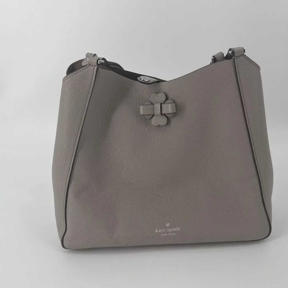 Kate Spade Talia Taupe Grey Pebbled Leather Flower 3 Compartment Shoulder Bag